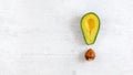 Exclamation mark made of avocado half and seed, on white board, photo from above. Wide banner with space for text on left side