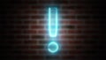 Exclamation mark neon sign on a background of brickwork, computer generated. 3d rendering of wireframe symbol with