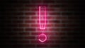 Exclamation mark neon sign on a background of brickwork, computer generated. 3d rendering of wireframe symbol with