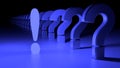 Exclamation mark among questions solution concept blue Royalty Free Stock Photo