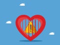 Exclamation mark stuck in heart prison. Warning in mind. Vector illustration