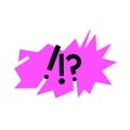 Exclamation points and question mark bold hand lettering on angular pink speech bubble background. Vector clip-art for