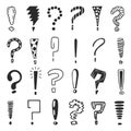 Exclamation and question points. Sketch interrogation marks, grunge scribble question exclamations signs. Problem or Royalty Free Stock Photo