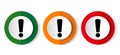 Exclamation sign icon set, red, green and orange flat design web buttons isolated on white background, vector illustration Royalty Free Stock Photo