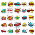 Exclamation texting comic signs on speech bubbles. Cartoon crash, pow, bomb, wham, oops and cool comic sign vector set Royalty Free Stock Photo
