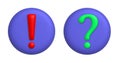 Exclamatory and interrogative mark. 3d icons on purple round button. 3d vector realistic design element
