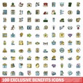 100 exclusive benefits icons set, color line style