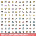 100 exclusive benefits icons set, color line style