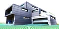 Exclusive compact dwelling with metal facade with bright sun on the background. Entrance to garage with lifting gate. 3d rendering