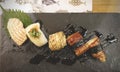 Exclusive delicious Sushi with Foie garas sushi or goose liver top on Japanese rice rap by seaweed.