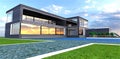 Exclusive desighn contemporary house with white day lights. Blue pool with clean cool water. 3d rendering