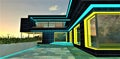 Exclusive design of the illuminated exterior of the contemporary suburban real estate. Turquoise and yellow colors. Amazing starry