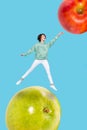 Exclusive dynamic magazine sketch collage of lady jumping touching huge big red green apples isolated blue colorful