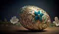Exclusive golden Easter egg with beautiful flower patterns on a rustic table in a dramatic environment