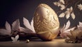 Exclusive golden Easter egg with a beautiful nature pattern surrounded by pink violet maple leafs Royalty Free Stock Photo