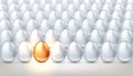 Exclusive golden egg in a crowd of ordinary white eggs, the concept of creativity, exclusivity, success. Bright individuality