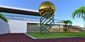 An exclusive installation of chrome-plated bent pipes holding a large golden ball on green grass in the courtyard of a modern high
