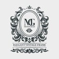 Exclusive leafy vintage ornament on a light background. Rich art frame. Luxury pattern. Vector template monogram, initials.