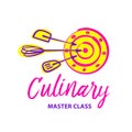 Exclusive logotype with cookware, arrow in target for delivery catering service. Template gourmet chef insignia. Culinary cooking