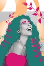 Exclusive magazine collage of cheerful smiling glad girl curly curly have fun isolated on painted background