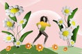 Exclusive magazine picture collage of excited funky lady running flowers field isolated creative background