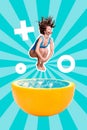 Exclusive magazine picture collage image of funky lady diving citrus pool isolated creative striped background
