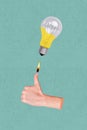 Exclusive magazine picture sketch collage image of arm thumb up lighter bulb isolated painting background