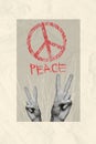 Exclusive magazine picture sketch collage image of arms showing v-signs asking peace isolated grey color background
