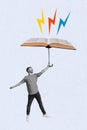 Exclusive magazine picture sketch collage image of excited guy flying open book parasol isolated painting background