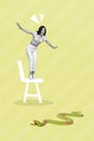 Exclusive magazine picture sketch collage image of funky funny lady standing chair scaring snake isolated painting