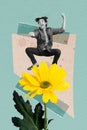 Exclusive magazine picture sketch collage image of funky guy riding yellow flower isolated teal turquoise color