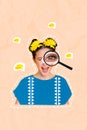 Exclusive magazine picture sketch collage image of funny funky lady investigating loupe yellow flowers isolated painting