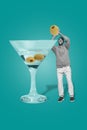 Exclusive magazine picture sketch collage image of funny smiling guy preparing dry martini isolated teal color