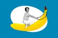 Exclusive magazine picture sketch collage image of happy smiling lady riding big huge banana isolated painting