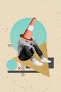 Exclusive magazine picture sketch collage image of upset guy traffic cone instead head isolated painting background