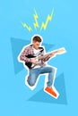 Exclusive magazine picture sketch image of cool happy guy playing electric guitar isolated painting background