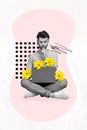Exclusive magazine picture sketch image of thoughtful guy choosing flowers online device isolated painting background