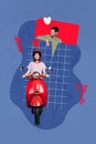 Exclusive magazine sketch collage image of happy smiling lady riding motorbike dreaming boyfriend painting