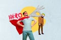 Exclusive magazine sketch collage image of strong funny guy superman catching robber wear sloth mask isolated painting