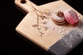 Exclusive painted art cutting board made of wood organic serving dishes with taste food cuisine coffee break milk cream macarons