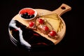 Exclusive painted art cutting board made of wood organic serving dishes with taste food cuisine toast with cream cheese tomato Royalty Free Stock Photo