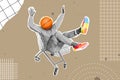 Exclusive painting magazine sketch image of funky funny guy basketball head siting in cart ride isolated on beige color