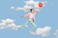 Exclusive painting magazine sketch image of happy smiling lady flying red inflate balloon isolated painting background