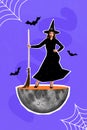 Exclusive painting magazine sketch image of scary gothic lady wizard standing half moon isolated painting background