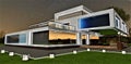 Exclusive project of the contemporary house with swimming pool inside. Night lights on the lawn along glowing white border. Exit