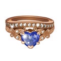 Exclusive ring made of gold with inlaid blue sapphire isolated on white background. An instance of boutique jewelry