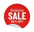 Exclusive sale 50 percent off, round sticker with message. Shopping offer for customer. Best pricing