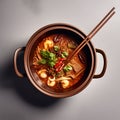 exclusive spicy pot with chopsticks served in a pot, isolated on the table - top view of Taiwanese culinary delight