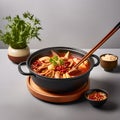 exclusive spicy pot with chopsticks served in a pot, isolated on the table - top view of Taiwanese culinary delight