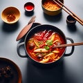 exclusive spicy pot with chopsticks served in a pot, isolated on the table - top view of Taiwanese culinary delight